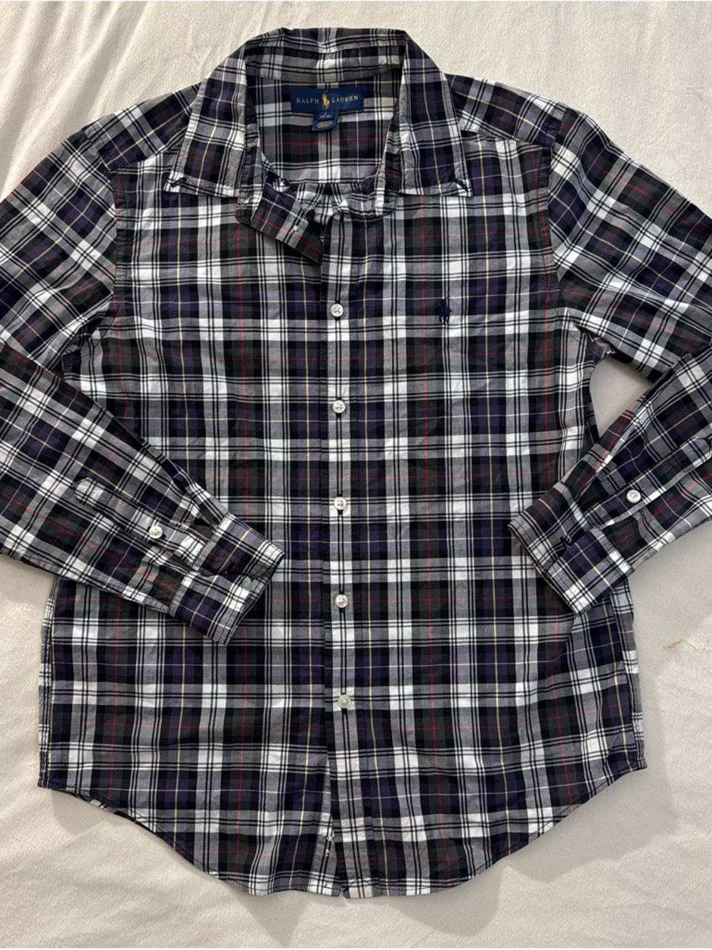 100% Cotton Ralph Lauren Boys Navy White Plaid Button-Down Shirt
